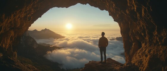 Fototapeta premium A man stands on the edge of an ancient cave, gazing out at the clouds and mountains below as he watches the sunrise, symbolizing new beginnings in his life journey