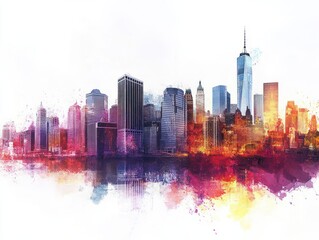 Obraz premium A city skyline with a splash of color and a blurry background. The buildings are tall and the sky is clear