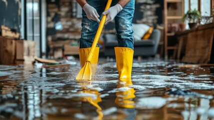 A man in rubber boots washes a flooded floor, paying special attention to cleaning and repairing water damage. Flood response, maintenance and disaster recovery concept