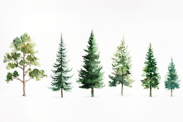 Obraz premium Watercolor Trees Evergreen Pine Tree Forest Illustration Watercolor Misty Scene Lanscape isolated on white background hand painted illustration painting 