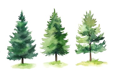 Fototapeta premium Watercolor Trees Evergreen Pine Tree Forest Illustration Watercolor Misty Scene Lanscape isolated on white background hand painted illustration painting 
