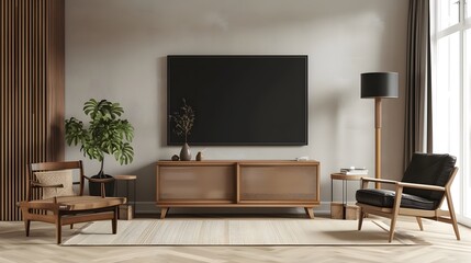 Wooden frame displaying minimalistic modern movie poster contemporary room generated illustration