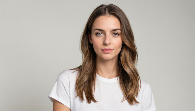 A woman with long brown hair stands in front of a white background, looking directly at the camera