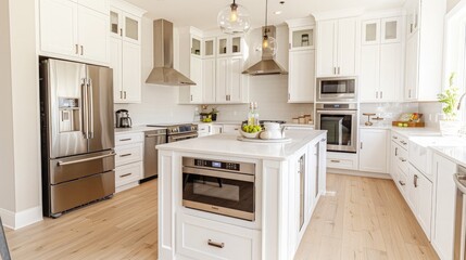 Fototapeta premium Modern White Kitchen Interior with Elegant Lighting and Bar Stools