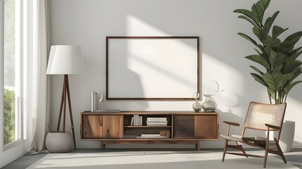 Wooden framed minimalist movie poster contemporary room setup generated illustration