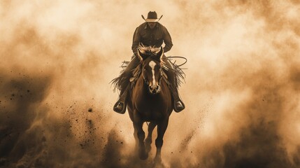 Fototapeta premium Cowboy Riding Horse Through Dust Cloud