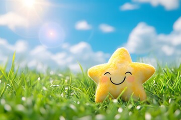 A cute star smiling in the grassy field, in the style of a cartoon, in the style of a game art design, with a blue sky and white clouds background