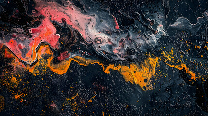Abstract Swirling Liquid Paint Background with Black, Orange, Pink, and White Colors