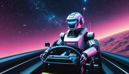 A white robot drives a futuristic vehicle through space against a backdrop of stars and a distant planet