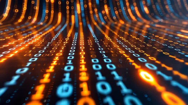 0 and 1 numbers depict a byte code in perspective view with depth of field, illuminated by warm and cold lights.