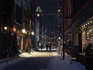 A city street at night with a few people walking around. The street is lit up with lights and the buildings are tall