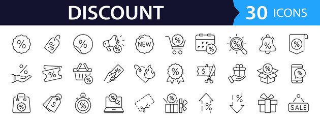 Discount set of web icons in line style. Shopping and e-commerce linear icon collection. Containing label, price tag, coupon, sale promotion, offer, credit, price card and more. Editable stroke