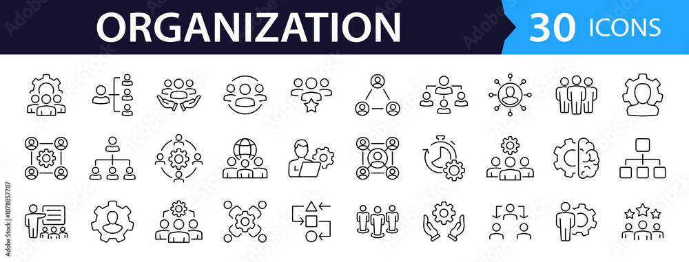 Poster Organization management set of web icons in line style. Human resource linear icon collection. Containing business people, teamwork, structure, hierarchy, leadership and more. Editable stroke