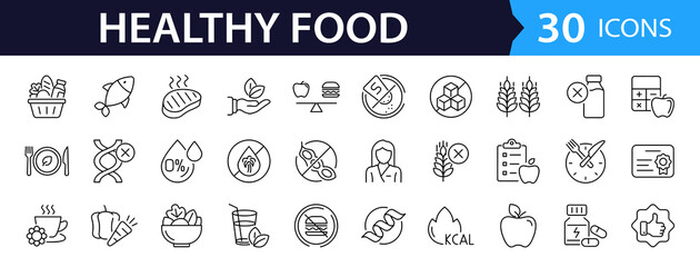 Healthy Food set of web icons in line style. Nutrition linear icon collection. Containing salad, fish, fruit, vegetables, water, protein, vitamins, healthy fats, carbohydrate and more. Editable stroke