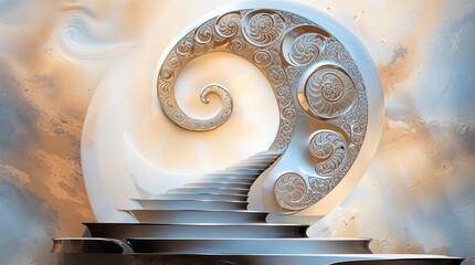 Spiral staircase with ornate patterned swirls in a soft, ethereal environment blending blue and beige tones.