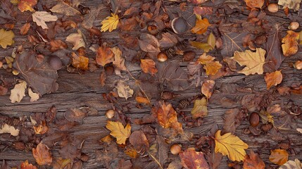Autumnal Harmony: Vibrant Fall Foliage and Acorns on Textured Wood Surface