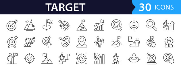 Target set of web icons in line style. Goal target and mission success linear icon collection. Containing goal, achievement, success, aim, goal, crosshair, shoot, shooting, aim, arrow. Editable stroke