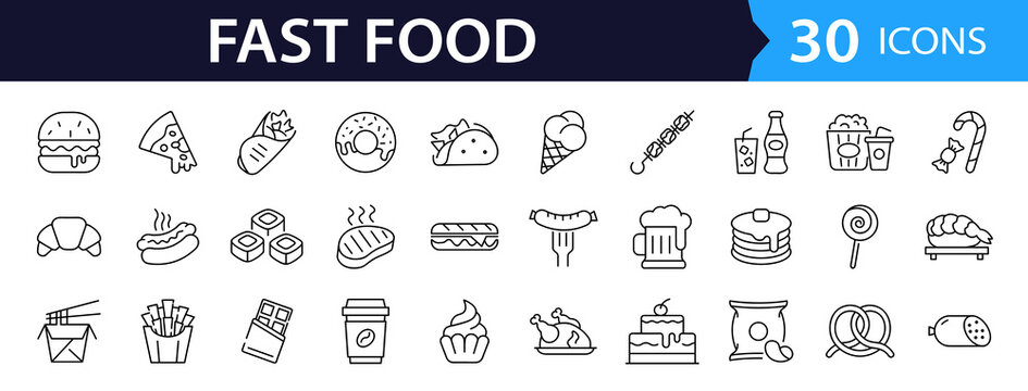 Fast food set of web icons in line style. Food and drink linear icon collection. Containing burger, pizza, hot dog, french fries, kabab, ice cream, coffee, donut, sandwich and more. Editable stroke
