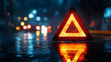Red Emergency Triangle Reflecting in the Rain at Night