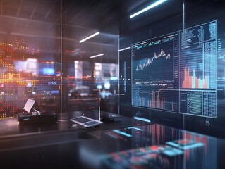 High Tech Holographic Market Interface with Live Trading Data and Analytics