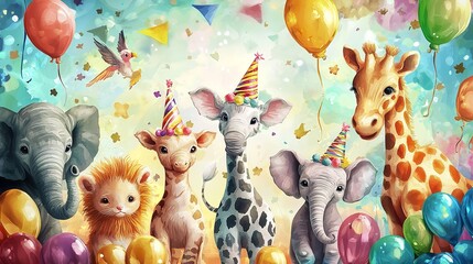 Animals Birthday Party Invite Featuring Adorable Watercolor Illustrations