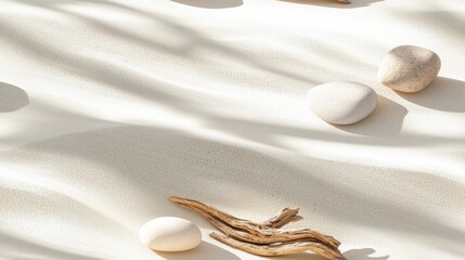 Serene Coastal Zen: Delicate Pebbles and Driftwood on Sandy Bed Bathed in Soft Illumination