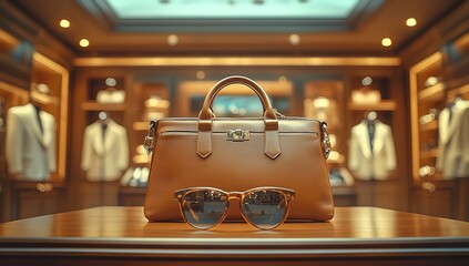 A brown purse and a pair of sunglasses are displayed on a table in a store
