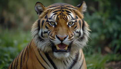 Fototapeta premium Close up a angry tiger head blurry green nature background. Generative Ai