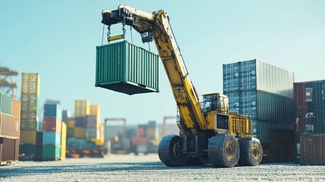 A heavy machinery vehicle lifting a shipping container in a busy industrial area. - Powered by Adobe