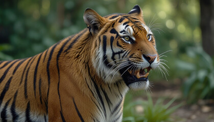 Fototapeta premium Close up a angry tiger head blurry green nature background. Generative Ai
