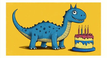 Fototapeta premium T-Rex Birthday Surprise: Dino Celebrating with Colorful Cake in Fun Yellow Background