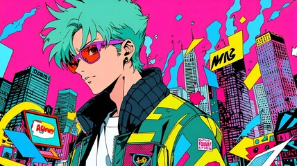 Fototapeta premium Portrait Anime Retro Cool Boy Character, Pop Art Syle Wallpaper Background