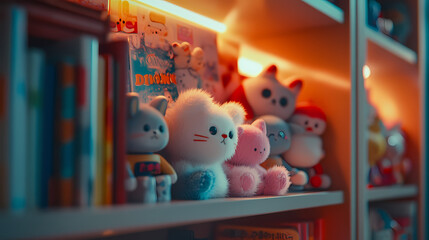 Obraz premium Anime Manga Lofi Illustration with Fluffy Animal Toys on a Shelf