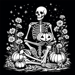 Skeleton Autumn Flowers Silhouette black vector the white background