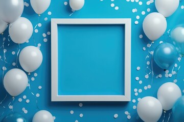Festive Celebration with Blue Balloon Frame and Confetti on White Background