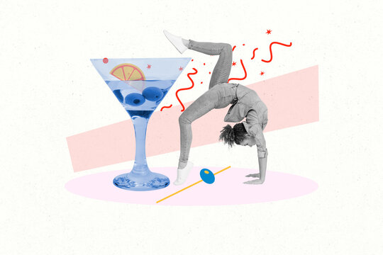 Composite trend artwork 3D sketch collage of party celebrate huge drink cocktail glass event young lady acrobat flexible pose miniature