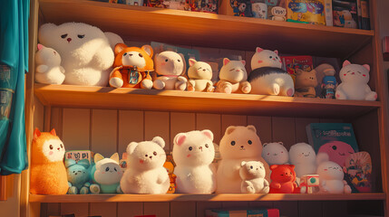 Obraz premium Anime Manga Lofi Illustration with Fluffy Animal Toys on a Shelf
