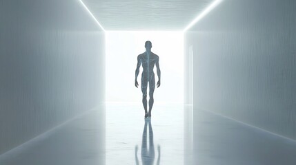 Fototapeta premium Glowing Enhanced Human Standing in Minimalist Futuristic Environment