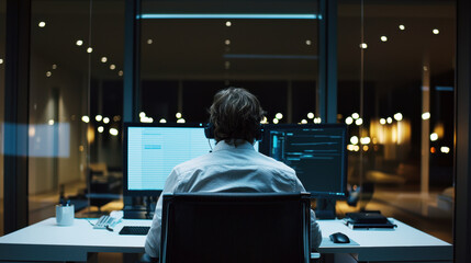Focused Male Working Late in Modern Office