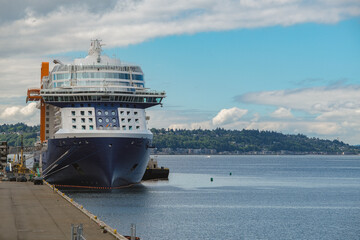 Modern Celebrity family cruiseships cruise ship ocean liners in port of Seattle, Washington State...