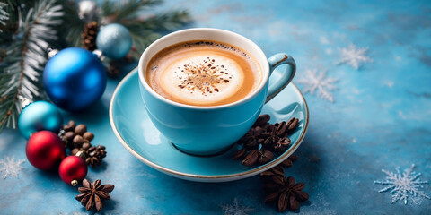 Cup of coffee top view over Christmas background