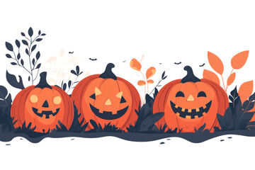 Engaging flat vector background depicting a row of menacing pumpkin lanterns, each with unique carved faces, interspersed with spooky motifs like spider webs 