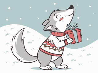 cute wolf with christmas gifts