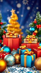 christmas background with gift boxes and balls. blue and gold donimation. content poster. billboard. wallpaper. 4k. 8k. full HD. Perfect any project.