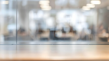 Abstract Blurred View Through a Glass Window Revealing an Interior Space with a Wooden Counter in the Foreground