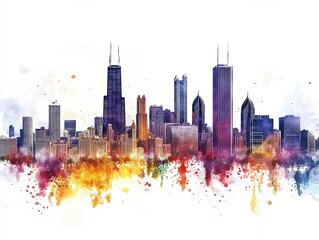 Obraz premium A detailed watercolor painting of the Chicago skyline against a white background, Depict the diversity of architectural styles that define Chicago's unique skyline