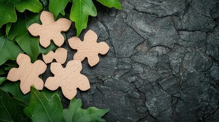 Leafshaped wooden puzzle pieces, scattered on a stone pathway in a botanical garden, puzzle, nature theme