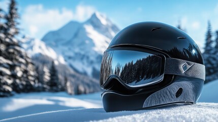 Fototapeta premium Ski Helmet on Snow with Mountain View