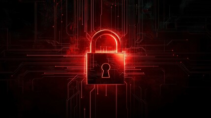 Abstract Digital Lock Symbol with Red Glow and Circuit Board Background for Cybersecurity and Data Protection Themes in Technology and Privacy
