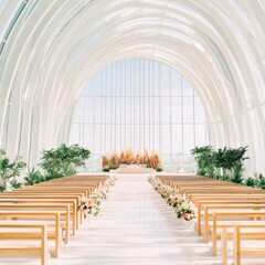 Fototapeta premium Luxurious Wedding Ceremony Decor Inside All-White Glass Cathedral